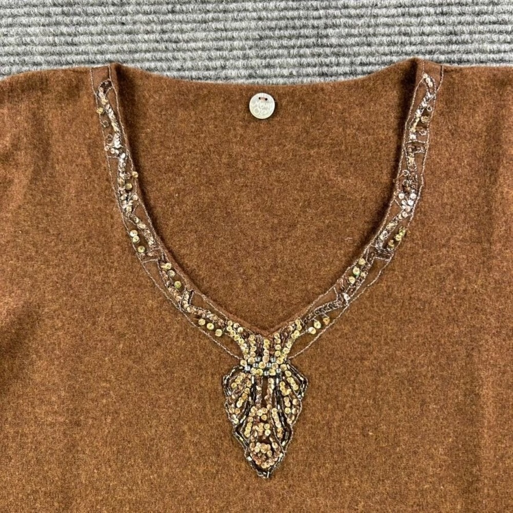 Margaret OLeary 100% Cashmere Brown V-Neck Sweater Beaded‎ Embellishment Womens - Picture 3 of 9